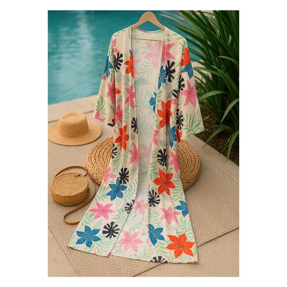 Easel 1X Kimono Duster Longline Floral Print Open Front Lightweight Cover - Picture 3 of 12